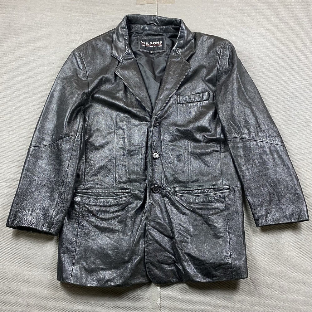 VTG Pelle Studio Jacket Mens Medium Wilsons Leather Car Coat Black Notch Lapel